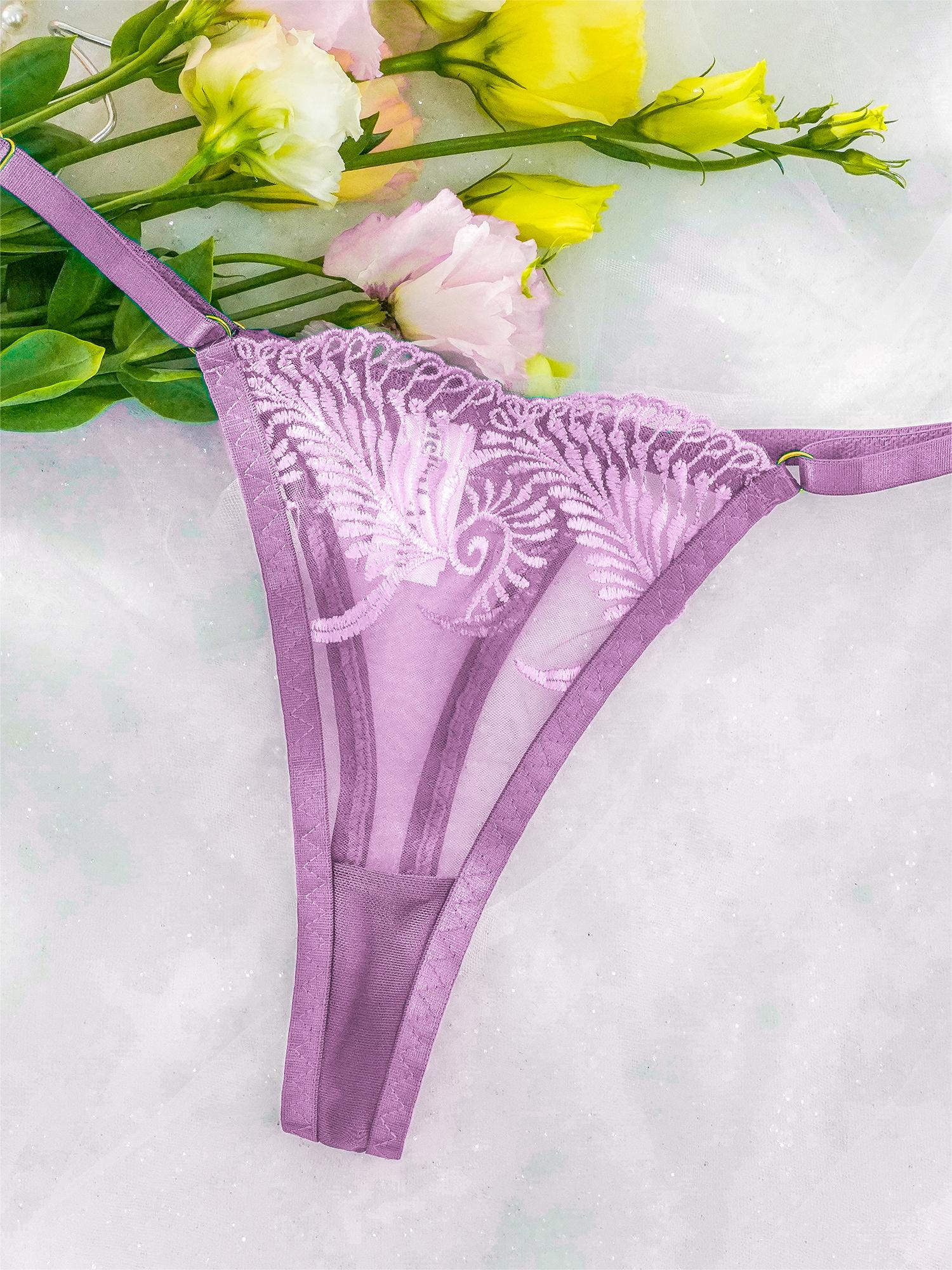 Purple Embroidery Adjustable Lace Thong Floral Design Hello.LA.Girl